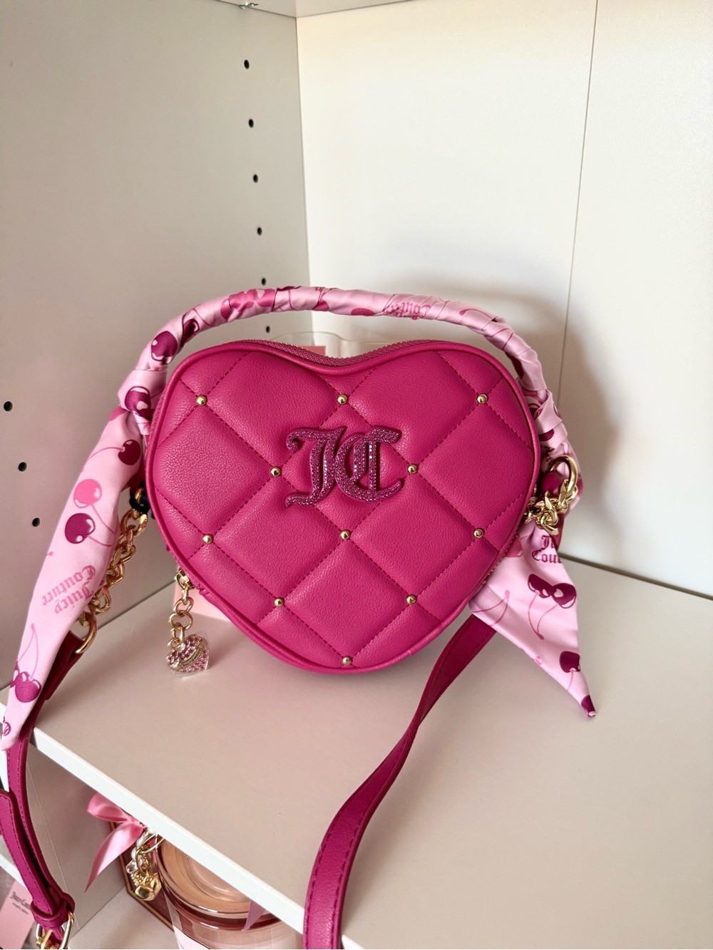 Juicy Couture “Holding The Line” Quilted Heart Crossbody Bag with Pink Scarf